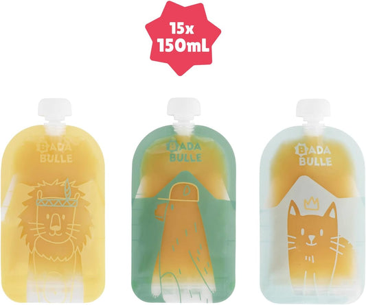 Badabulle – Lot de 15 Gourdes Réutilisables Bébé & Enfant (150 ml)